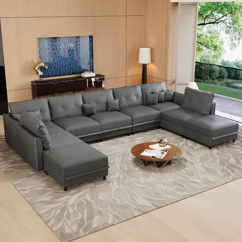 Vista 26 de LLappuil Sofá cama modular en forma de U de 6 plazas con almacenamiento, asiento profundo de piel sintética para sala de estar, impermeable y Negro