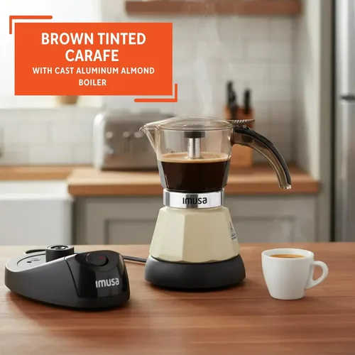 Vista 3 de IMUSA Cafetera eléctrica de almendras de 3 o 2 tazas, cafetera moka compacta con función de mantener el calor, base desmontable, cafetera de leche
