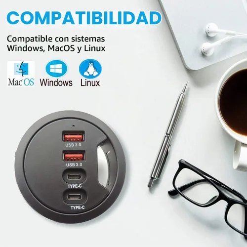 Vista 7 de Hub USB 3.0 con ojal para escritorio (diámetro de 2.36 pulgadas o 2.362 in) 2 puertos tipo A y 2 puertos tipo C, carga compatible y transmisión