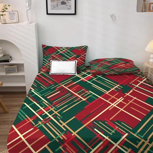 Vista 3 de Juego de sábanas tamaño individual: sábanas de Navidad, sábanas y fundas de almohada de Navidad rojo y verde, microfibra suave, bolsillo profundo