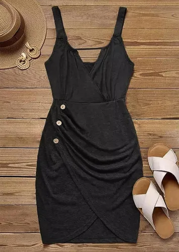 Vista 3 de ZIFOTA Vestido corto con botones fruncidos para mujer, sexy, con hombros descubiertos, sin mangas, vestido de noche para fiesta