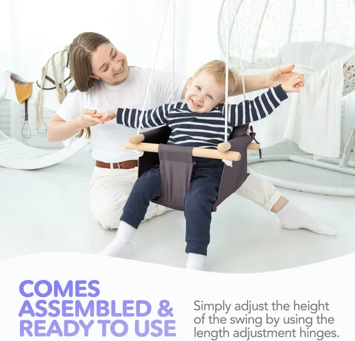 Vista 8 de CaTeam Asiento de columpio de lona para bebé con cinturón de seguridad de 5 puntos, columpio colgante de madera para niños pequeños, interior y Gris
