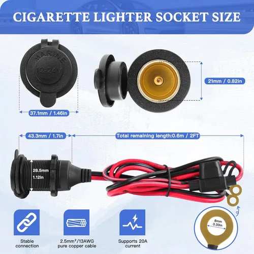 Vista 2 de Enchufe para encendedor de cigarrillos de 2 pies, enchufe de encendedor de cigarrillos de 12 V 2.5 mm²/13 AWG, toma de corriente de 12 V 20 A