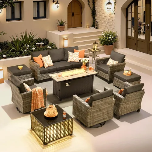 Vista 13 de ovios Juego de muebles de patio de 4 piezas con sofá de exterior, luces solares, mesa, cojines cómodos, sofá de conversación de mimbre de ratán