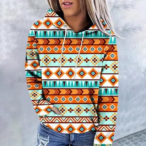 Vista 7 de Sudaderas con capucha azteca occidental para mujer, sudaderas de manga larga con gráficos vintage, camisetas de vaquera, ropa 2023