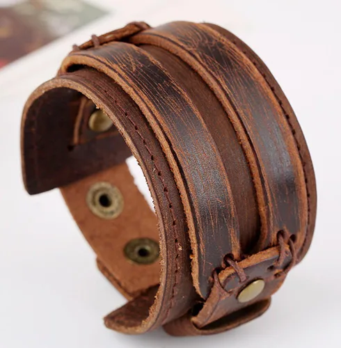 Vista 3 de Hamoery Men Leather Bracelet Punk Braided Rope Alloy Bracelet Bangle Wristband