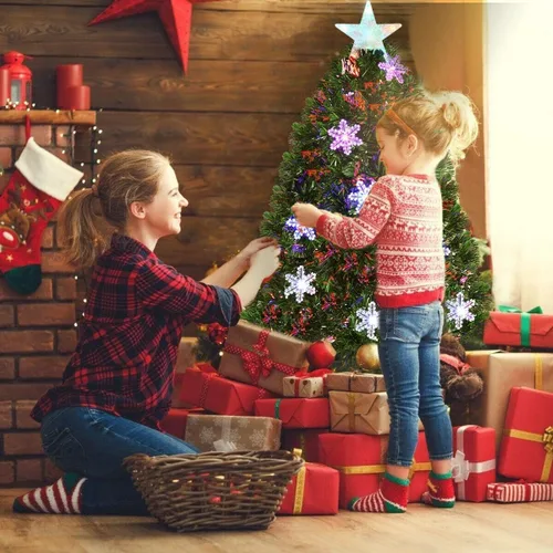 Vista 4 de Goplus Árbol de Navidad artificial de fibra óptica preiluminado de 3 pies, con luces LED multicolor y copos de nieve (3 pies)