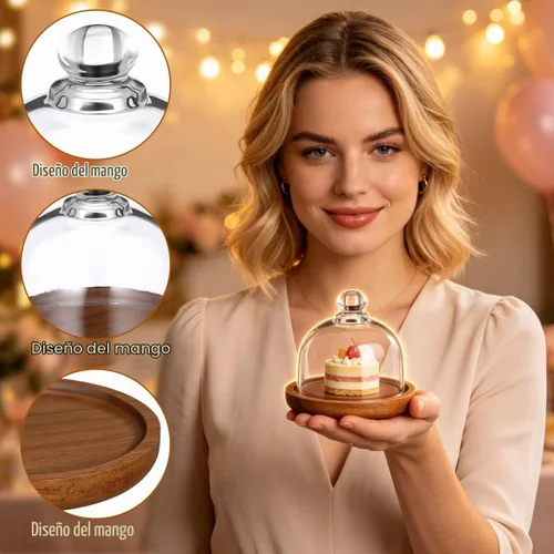 Vista 3 de Yardwe Paquete de 2 mini cúpula de postre de cristal con base de madera, soporte para pasteles de 3.4 pulgadas con cubierta de vidrio transparente