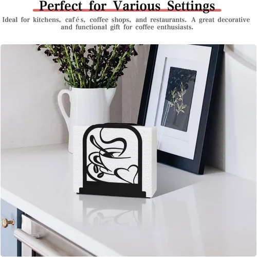 Vista 7 de Servilletero de pie moderno para mesa, dispensador de servilletas de metal negro, servilletero, estilo temático de café, adecuado para cocina