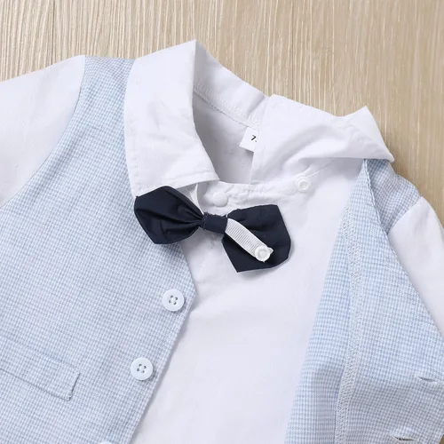 Vista 5 de IDOPIP Chaleco blanco para bebé, caballero, camisa blanca, corbatín, esmoquin, enterizo, enterizo, traje de cumpleaños, traje formal de 0-18 meses