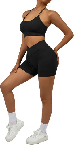 Vista 4 de OMKAGI Conjuntos de entrenamiento para mujer, sin costuras, brasier deportivo, levantamiento de glúteos, pantalones cortos de entrenamiento