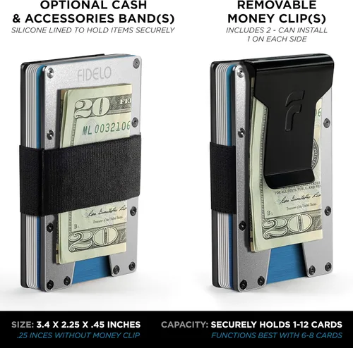 Vista 2 de Fidelo Billetera minimalista para hombre Cartera delgada con bloqueo RFID para tarjetas de crédito hecha de aluminio 7075. La cartera compacta