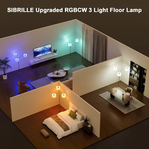 Vista 4 de SIBRILLE Lámpara de pie de arco RGB de 36 W con 3 pantallas de tela blanca, lámpara de pie súper brillante de 3000 lm con control remoto y táctil