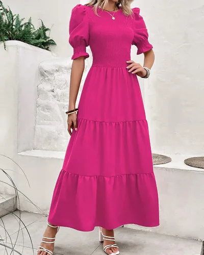Vista 148 de BTFBM Vestidos para mujer, cuello redondo, casual, de verano, con volantes, manga corta, bohemio, con niveles, fruncido, largo, con estampado floral