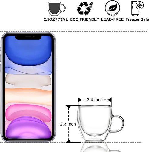 Vista 2 de KitchenTour - Taza de café aislada de 2.5 onzas, taza de café de vidrio de doble pared con asa, juego de 4 vasos de vidrio transparente