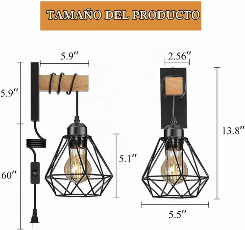 Vista 6 de Juego de 2 apliques de pared enchufables, luces de pared de granja con cable de enchufe, lámpara de pared rústica negra para dormitorio, mesita