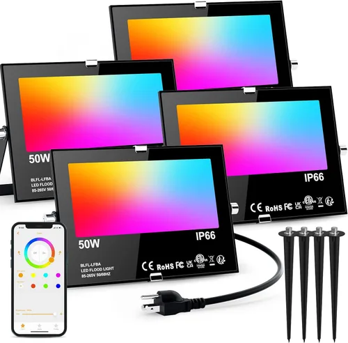 Vista 9 de Luz de inundación LED RGB para exteriores, equivalente a 500 W, cambio de color inteligente y luz diurna 5700 K, iluminación paisajística, luces