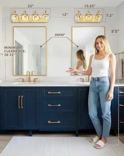 Vista 5 de Beionxii BX-VL03BG-3CG - Lámpara de tocador de baño de 3 luces de oro cepillado, modernas luces de tocador con pantalla de vidrio transparente