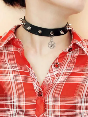 Vista 6 de Long tiantian Pulseras punk, collar de cuero, gargantilla de metal, pulsera negra, joyería gótica para mujeres y hombres, Cobre, otro
