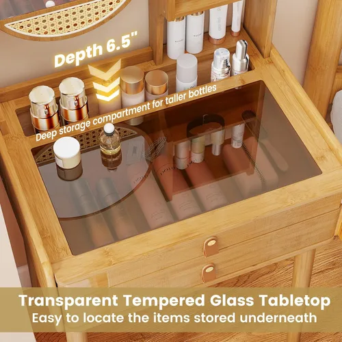 Vista 6 de Escritorio de tocador bohemio con espejo, mesa de tocador de maquillaje de bambú con 2 cajones de almacenamiento, estantes de gabinete y mesa