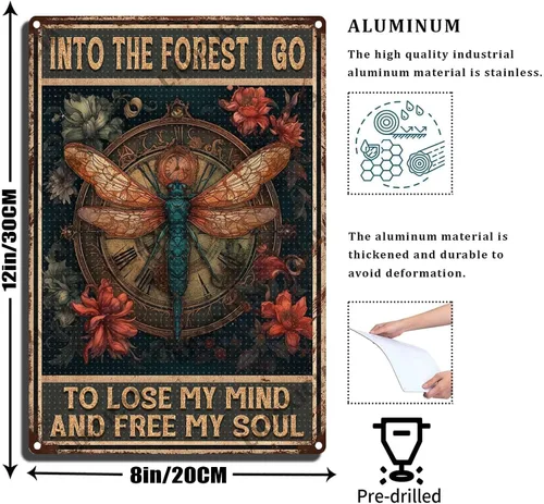Vista 2 de LIUAXICIA Letrero de estaño vintage divertido con texto en inglés «Into The Forest I go to Lose My Mind and Free My Soul Dragonfly», letrero