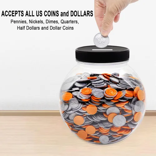 Vista 3 de Tarro grande para monedas, gran plástico transparente para monedas, cambio de dinero con tapa ranurada plateada, 2 métodos de colocación, monedas