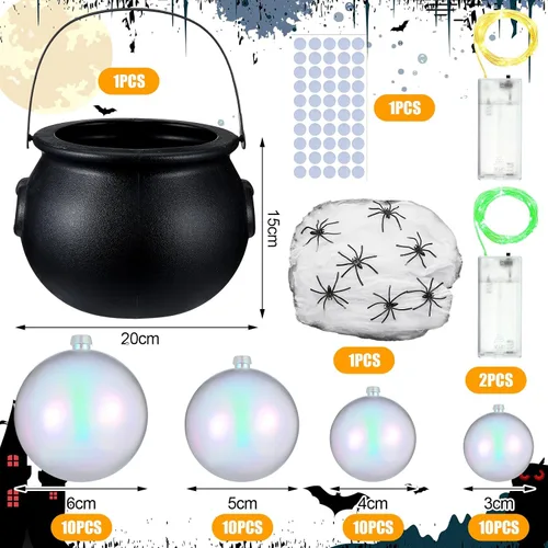 Vista 2 de Jenaai Juego de 96 calderos burbujeantes de Halloween con 40 adornos de bola, 2 tiras de luces de 0.71 oz, 2 arañas falsas, 50 puntos adhesivos