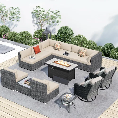 Vista 33 de HOOOWOOO Juego de sofá modular para patio al aire libre, 7 piezas en forma de U, juego de sofá de mimbre rústico para 6 personas, juego de Beige