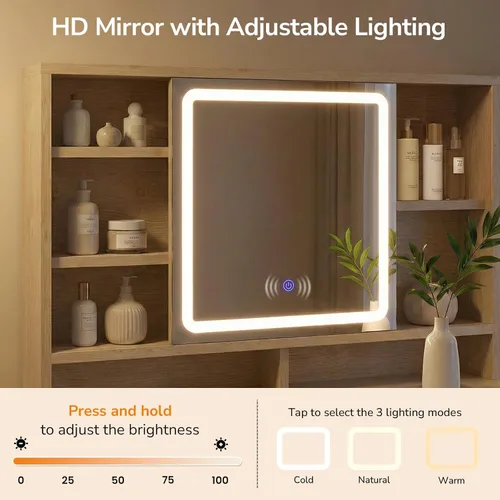 Vista 4 de DICTAC Escritorio de maquillaje estriado de 53 pulgadas con luces y espejo deslizante, tocador superior de vidrio con cajones y gabinetes de vidrio