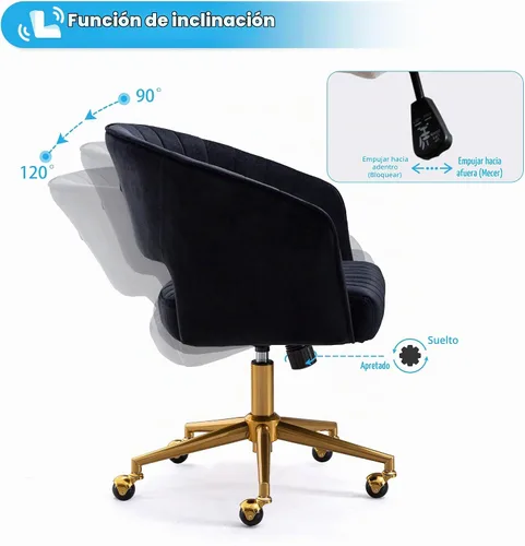 Vista 4 de Silla de oficina para el hogar, silla giratoria de terciopelo para escritorio, sillón de acento tapizado, sillas modernas capitoneadas con base Negro