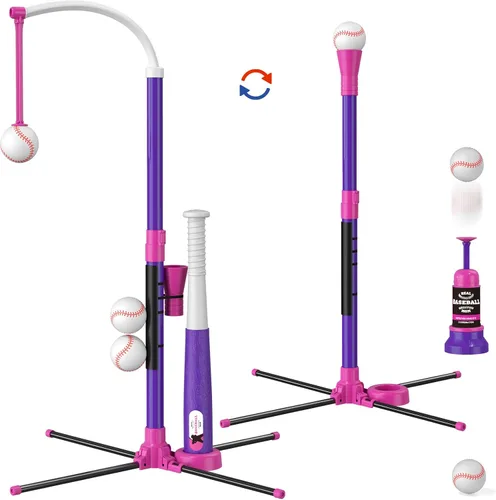 Vista 10 de HYES Juego de béisbol 3 en 1 para niños de 3 a 5 años - Soporte para pelota de tee, tee colgante, lanzador de pelotas y 6 pelotas de sóftbol