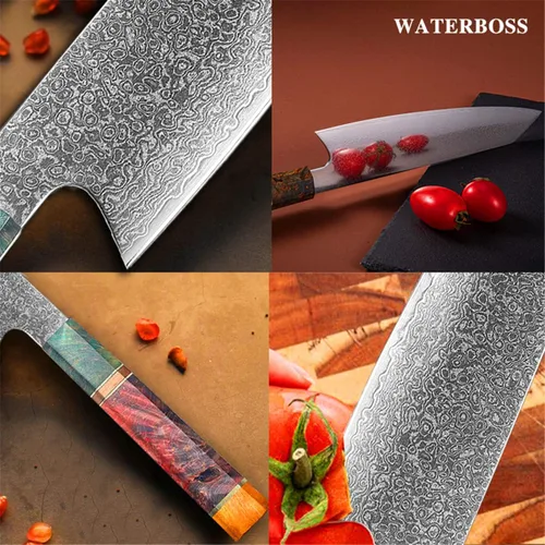 Vista 4 de Waterboss,Cuchillo Kiritsuke de 8 pulgadas,67 capas Damasco Japonés AUS-10 Super Steel Blade,Mango octogonal Wodden Estable,Cuchillo de chef