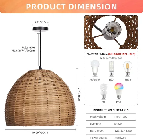 Vista 5 de Arturesthome 1 Luz Lámpara Colgante Tejida a Mano de Ratán, Candelabro Boho Tejido Natural Colgante en el Techo, Lámpara de Araña de Granja Costera