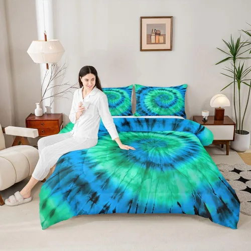 Vista 2 de Erosebridal Colorido juego de ropa de cama con diseño psicodélico en espiral psicodélico, juego de edredón de teñido anudado degradado para niños