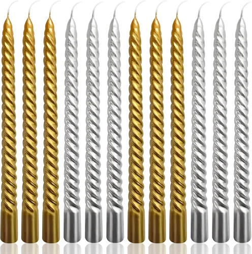 Vista 10 de Juego de velas cónicas en espiral doradas de 10 pulgadas para Navidad, paquete de 12 velas torcidas sin perfume, velas delgadas y cónicas sin goteo