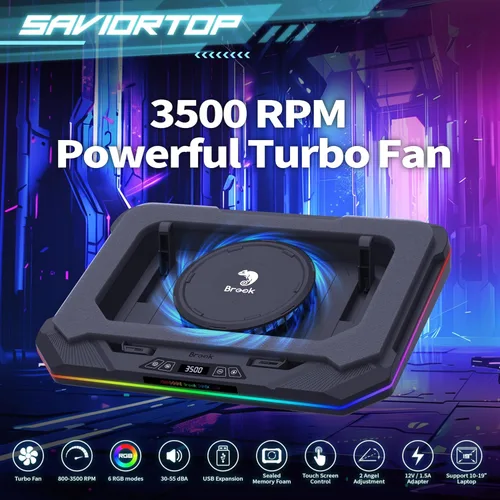 Vista 2 de Brook Saviortop - Almohadilla de refrigeración para laptop para videojuegos, enfriador de alta velocidad de 3500 RPM con ventilador turbo, soporte