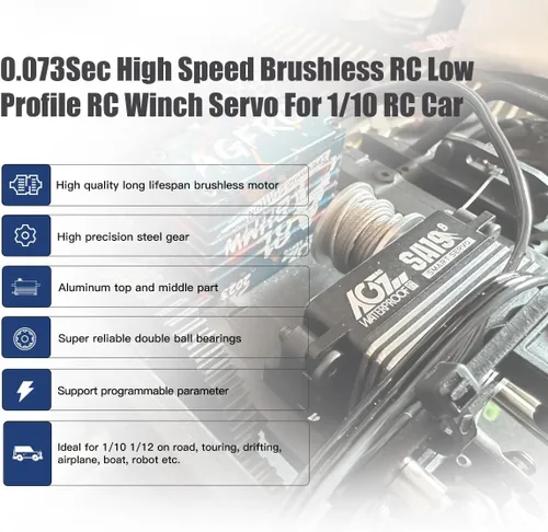 Vista 3 de AGFRC 19 kg de bajo perfil impermeable RC-Winch-Servo - 0.073s de alta velocidad, engranaje de metal CNC completo, servo inteligente programable sin