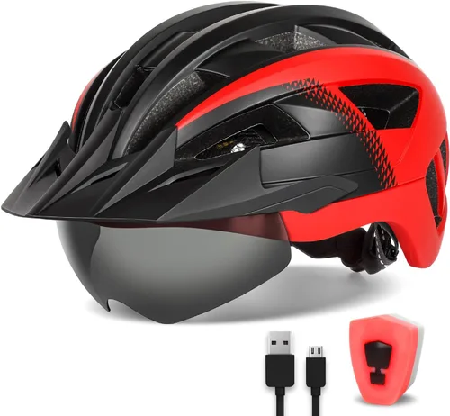 Vista 13 de Casco de bicicleta para adultos con visera y gafas para hombres y mujeres, casco de bicicleta de montaña y carretera, casco de ciclismo con luz