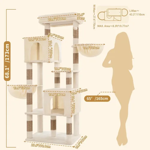 Vista 5 de Heybly Árbol para gatos de 68.1 pulgadas con plataforma superior de gran tamaño y base ancha, torre para gatos grandes de interior con 2