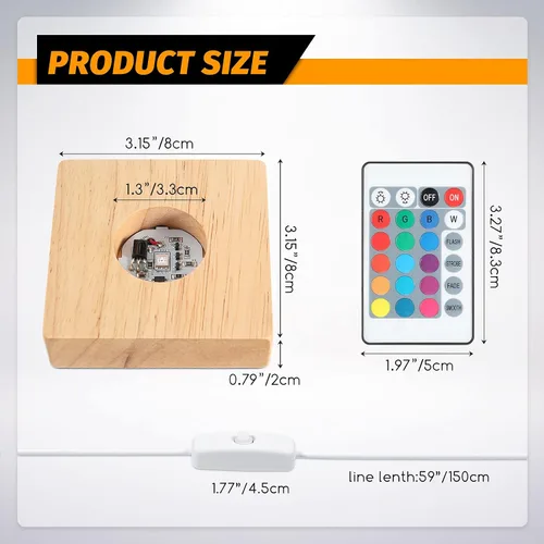 Vista 2 de Riakrum Base de pantalla LED cuadrada de madera, soporte de lámpara iluminada de madera con control remoto para el hogar, arte láser 3D, resina