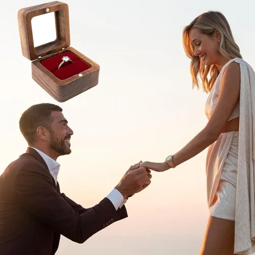 Vista 2 de soporte de anillo rústico de boda para propuesta,caja de regalo de joyería grabada con flora para cumpleaños de amante,Red