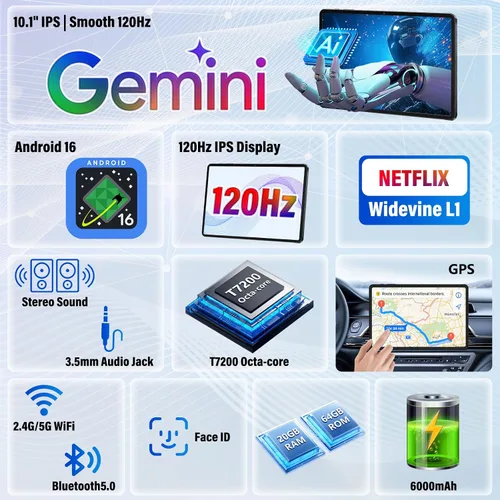 Vista 7 de Tablet Android de 10 pulgadas Tablets Android 16, Gemini AI, pantalla de 120Hz, 20GB RAM, 64GB ROM+2TB expandible, Widevine L1, 6000mAh, GPS, Face