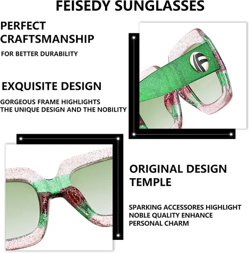 Vista 5 de Feisedy B2276 Gafas de sol cuadradas de gran tamaño con marco de brillantina multicolor