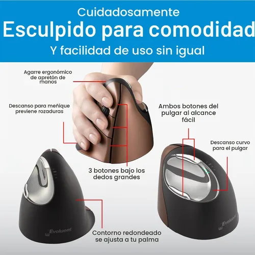 Vista 5 de Evoluent – Inventor del ratón vertical – VM4SW Ratón vertical ergonómico mano derecha Pequeño USB inalámbrico, esculpido para mayor comodidad