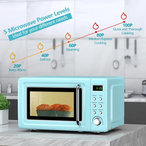 Vista 3 de Microondas retro Moccha, microondas compacto de 0.7 pies cúbicos, hornos de microondas de 700 vatios para encimera con 5 niveles de potencia