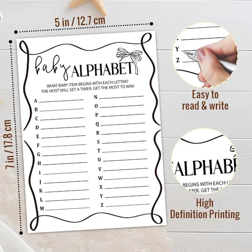 Vista 2 de Juegos del alfabeto del bebé, tarjetas divertidas de juegos de baby shower, 25 tarjetas de género neutro, kit de suministros para fiesta