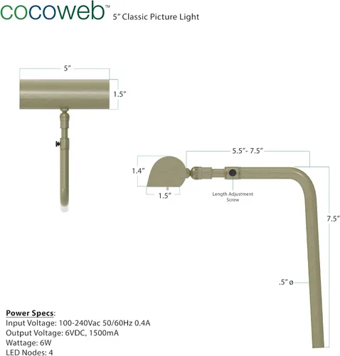 Vista 2 de Cocoweb Luz LED de 5" en latón antiguo con adaptador enchufable - ALEDV-5AB