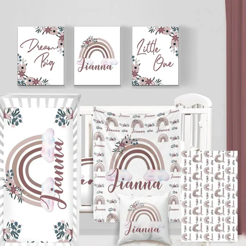 Vista 23 de Juego de ropa de cama personalizado para cuna de bebé, juego de 5 piezas para cuna de bebé, diseño de arco iris y diseño de arco iris, manta de bebé