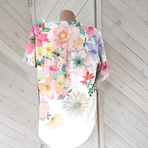 Vista 4 de Blusas de verano para mujer, cuello en V, ajuste holgado, cómodas, de algodón, lino, estampado floral, blusas a la moda 2023