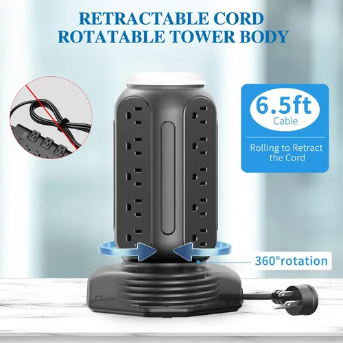 Vista 4 de Torre de regleta de múltiples salidas con luz nocturna colorida, 15 salidas de CA y 6 puertos USB en ayuno, cable de extensión de 6.5 pies
